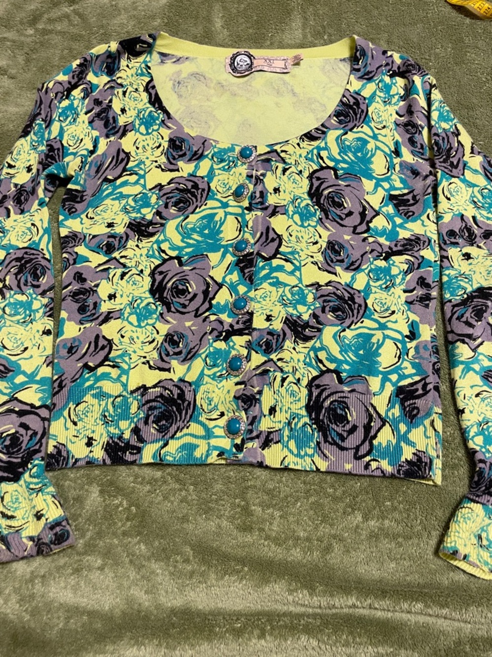 Floral Button-Front Long Sleeve Top in Yellow, Teal & Gray